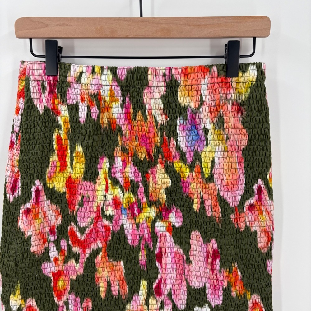 La Ligne Smocked Midi Skirt Olive Green Floral  Print 100% Cotton Medium - Picture 6 of 8